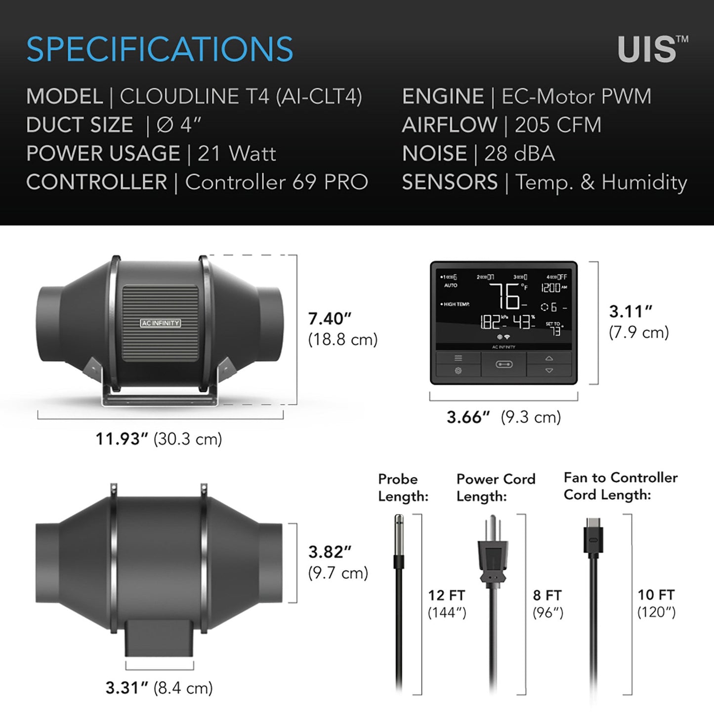 Cloudline Pro T4, Quiet Inline Duct Fan System With Temperature Humidity Vpd Controller, 4-Inch