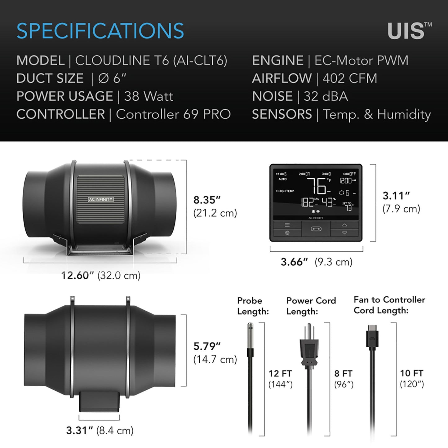 Cloudline Pro T6, Quiet Inline Duct Fan System With Temperature Humidity Vpd Controller, 6-Inch